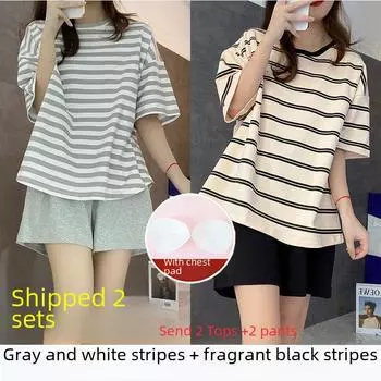 Extra-Large Striped Ladies Summer Pajamas with Chest Pad - Loose Fit, Perfect for Student Leisure Home Wear M for 80-100 jin