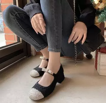 Extravagant color matching single shoes for women, light mouth thick medium heel round head single shoes for women 34 чёрный