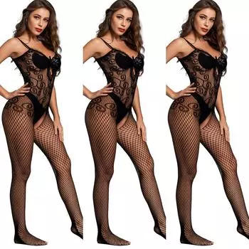 Exy Нижнее белье Боди Эротическое сеточное бельё с бретельками через шею Женское прозрачное Открытое промежность Сексуальные костюмы Боди Чулки Сетчатые колготки Порно Lingeri XS-XXXL