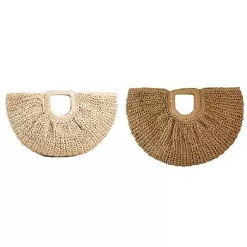 EY # Женская соломенная большая сумка ручной работы Большая вместительная женская повседневная сумка на запястье (бежевый)