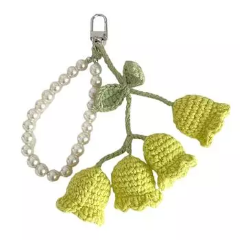 Eye Catching Crocheted Flower Keyring Handmade Knitted Florals Bag Pendant Pearls Charm Jewelry for Key and Backpacks зелёный