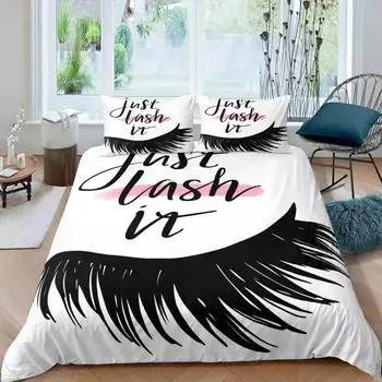 Eyelash Duvet Cover King Queen Cartoon Romantic Woman Closed Eyes Long Lashes Bedding Set English Words Polyester Quilt Cover 70x133cm 2pcs
