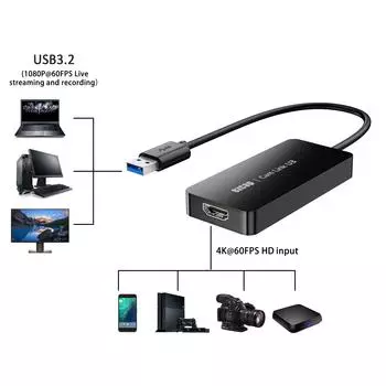 ezcap370 Gam Link U3 Блок видеозахвата 4K HD IN 1080P HD Блок записи USB3.2 Аудио-видео конвертер чёрный