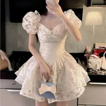 Ezgaga платья женские цветочные с v-образным вырезом пышные рукава корейская мода облегающее сексуальное мини-платье пышное бальное платье сказочные женские элегантные S бежевый
