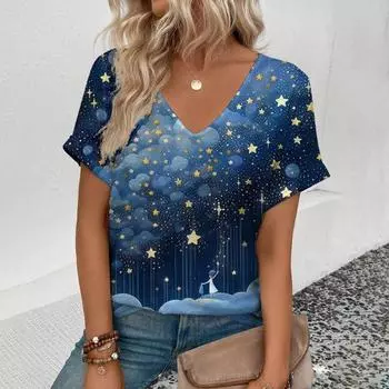 Ежедневная легкая женская футболка с коротким рукавом и V-образным вырезом с принтом звездного неба, модная и удобная футболка большого размера для улицы S