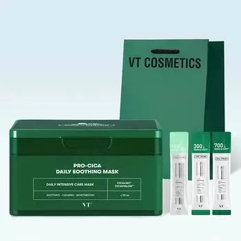 Ежедневная успокаивающая маска Skin Vitality Care VT Pro Cica, 30 листов (+Riddle Shot Stick 3 типа, подарочный пакет)