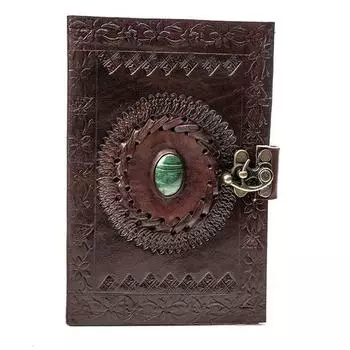 Ежедневник ручной работы из натуральной кожи с тиснением зеленого камня и коричневого цвета с металлическим замком