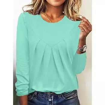 Ежедневно Главная Простой Элегантный Женский Пуловер Топ Смятая Базовая Рубашка Длинные Рукава Футболка S белый