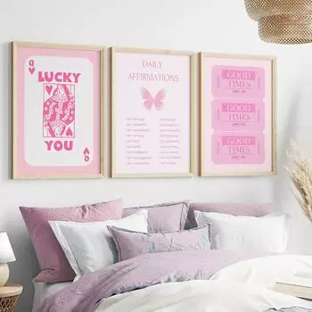 Ежедневные аффирмации с принтом, девчачьи румяна, розовые настенные художественные картины на холсте, позитивная цитата, картина «Счастливый ты», эстетический декор для комнаты для подростков 21x30cm No Framed