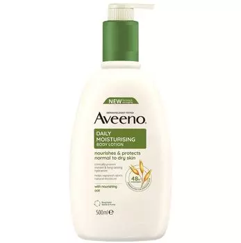 Ежедневный увлажняющий лосьон Aveeno для ухода за нормальной и сухой кожей с пребиотическими овсяными хлопьями и глицерином. Увлажняет в течение 24 часов. Объем 500 мл.