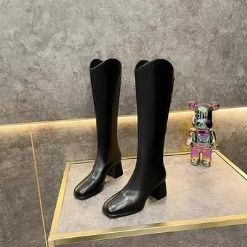 F102 Golden Han Sha Square Head Boots Women s 2025 New Thick Heel Boots Western V-Port Elastic High Knight Boots 35 чёрный