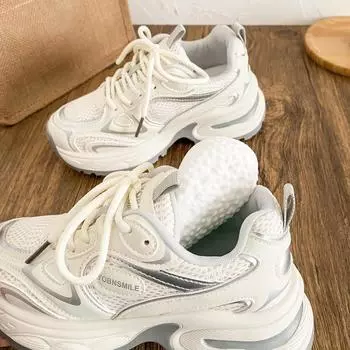 F2421 latex insole platform dad shoes women s shoes 2025 new breathable mesh niche sports shoes casual shoes 35 бежевый