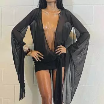 F24DS389 Женское сексуальное сетчатое мини-платье с глубоким вырезом Small