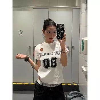 F383 Retro Stripe Print Sports Short sleeve Jersey T-shirt Women Summer Beauty Style Gyaru Versatile Design Sense Top Fashion White M