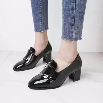 f54Новые лакированные туфли женские 2024 Весна Толстые с квадратной головкой Глубокий рот с женскими кожаными туфлями в туфлях erf4 9 чёрный