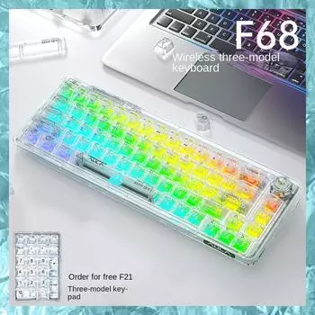 F68 Беспроводная связь Bluetooth с тремя режимами Прозрачная механическая клавиатура Горячая замена Ice Crystal Ice Soul Прокладка вала на заказ pink Ice Soul Axis