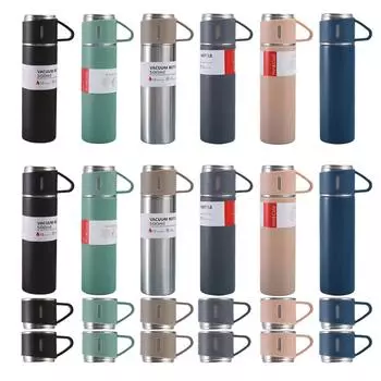 #F Бутылка с вакуумной изоляцией, 500 мл, вакуумная чашка с 3 чашками, срок службы 6-12 часов для Trave Single cup хаки