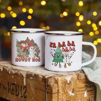 Fa La La La Christmas Mug Xmas Enamel Cup Drink Hot Cocoa Juice Mugs Christmas Party Drink Tea Wine Beer Cups Xmas Holiday Gift 360ml