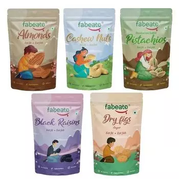 Fabeato Сухофрукты и орехи Комбо (200г х 5) Миндаль, кешью, фисташки, сушеный инжир, черный изюм без косточек