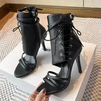 Фабричные летние босоножки на высоком каблуке Stiletto размера плюс 40-43, высокие каблуки, латинские джазовые танцевальные классные ботинки, женские ремешки 35 чёрный