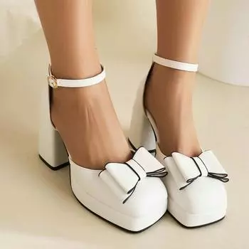 Фабричные женские босоножки на толстой подошве и высоком каблуке с квадратной головкой, летние полые босоножки с бантом и пряжкой из одного слова, с высоким каблуком 35 чёрный