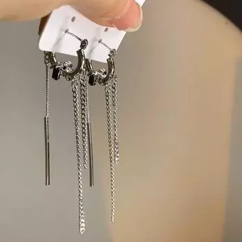 Face-Looking Sweet Cool Female Autumn and Winter Long Fringe Earrings Silver obsidian tassel earrings