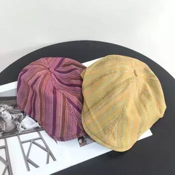 Face small newsboy painter hat big head circumference reverse forward hat retro beret women s versatile striped plaid M56-58cm тёмно-синий
