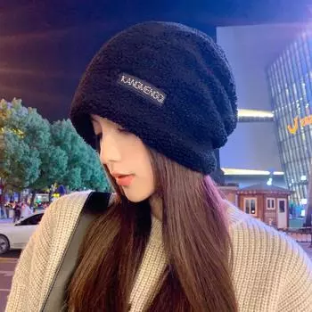 Face Small Pile Hat Women s Versatile Plush Hat Winter Knitted Headgear Black Big Head Circumference Cold Hat