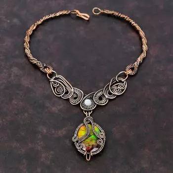 Ожерелье из граненого аммолита, ожерелье из медной проволоки, радужное лунное ожерелье, драгоценные камни, медные украшения ручной работы, подарок на годовщину