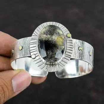 Браслет-манжета из граненого черного рутилового драгоценного камня, браслет из стерлингового серебра 925 пробы, регулируемый браслет-манжета, браслет ручной работы, серебряные ювелирные изделия, подарки для нее