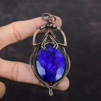 Подвеска с граненым синим сапфиром, обернутая медной проволокой, подвеска из натурального драгоценного камня, ювелирное изделие из медной проволоки, стильный кулон ручной работы, подарок для него