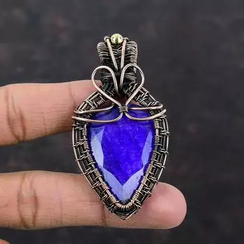 Faceted Blue Sapphire Pendant Copper Wire Wrapped Pendant Original Gemstone Jewelry Handmade Pendant Copper Jewelry For Gift Healing Stone