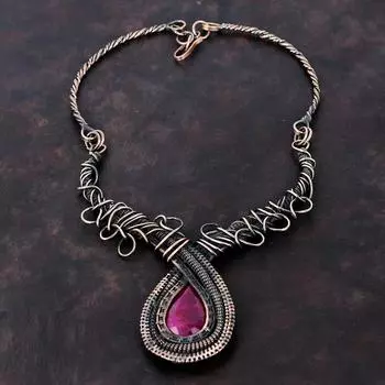Ожерелье из граненого кашмирского рубина, регулируемое ожерелье с медной проволокой, медные украшения ручной работы, ювелирные изделия из натуральных драгоценных камней, подарок для нее