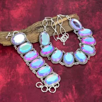 Ювелирные изделия с ограненным мистическим топазом, ювелирные изделия ручной работы из цельного серебра 925 пробы, великолепный комплект ожерелья и браслета с драгоценными камнями для нее Adjustable With 8 -18 белый