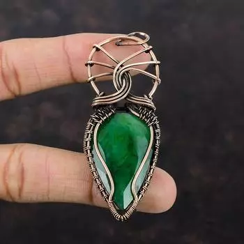 Ограненный замбийский изумрудный кулон из меди, обернутый медной проволокой, ювелирное изделие ручной работы, кулон в подарок маме, обернутый проволокой, драгоценный камень, изумрудное ювелирное изделие