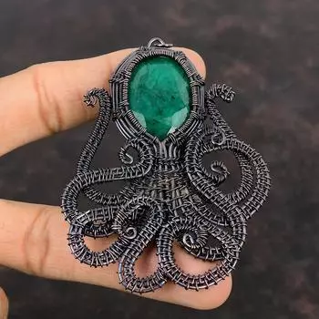 Faceted Zambian Emerald Copper Pendant Copper Wire Wrapped Gemstone Pendant Handmade Octopus Pendant Copper Wire Wrap Jewelry Gift For Her