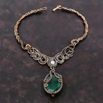 Ожерелье из ограненного замбийского изумруда, ожерелье из медной проволоки, драгоценный камень, подарок для нее, ювелирные изделия из медной проволоки ручной работы, радужное ожерелье из лунного камня