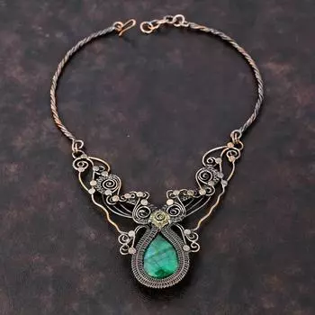 Ожерелье из ограненного замбийского изумруда, обернутое медной проволокой, ювелирные изделия из драгоценных камней, регулируемое ожерелье, обернутое вручную медной проволокой, подарок для матери