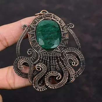 Кулон с ограненным замбийским изумрудом, обернутый медной проволокой, подвеска из медного драгоценного камня, подвеска ручной работы из проволоки, подарок для нее, ювелирные изделия в виде осьминога