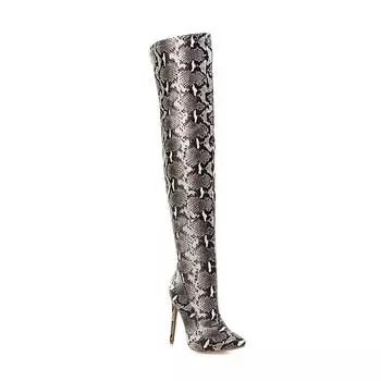 Factory autumn and winter new products foreign trade fine heel pointed snake pattern large size knee women s boots 35 белый