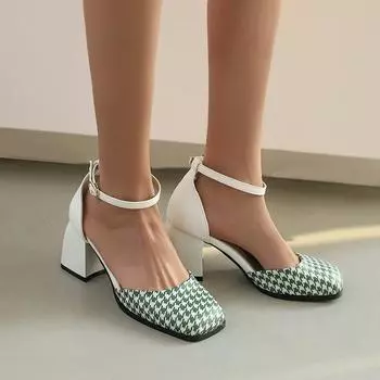 Factory hollow sandals thousand bird grid square head bag head thick heel high heel one word buckle women s single shoes casual sandals 35 чёрный