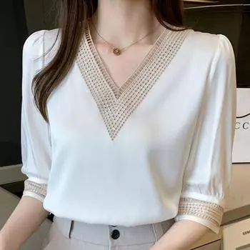 Fahison Летняя повседневная белая шифоновая блузка с V-образным вырезом, женская рубашка, топы J88 S белый