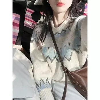 Fairisland Retro Jacquard Quilted Loose Soft Glutinous Sweater Light blue In Stock S Suggested 37.50 kg-45.00 kg