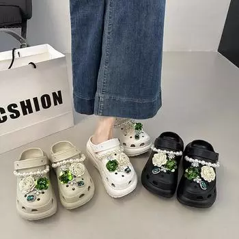 Fairy beautiful flower cool slippers women s shoes summer comfortable flat bottom bag head drag pearl chain beach hole shoes women 35/36