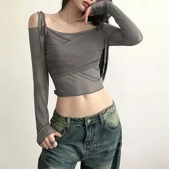 Fairy Core Solid Slash Neck Crop Tops Sexy Off-плечевые бретели Длинные рукава Футболки Тонкие сетчатые футболки Y2K Streetwear Женщины S серый