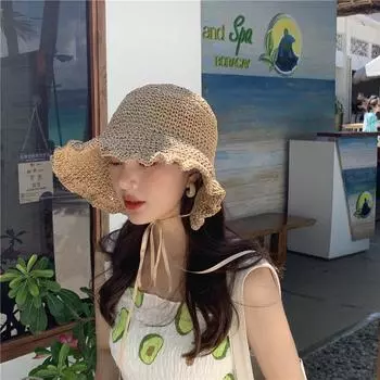 Fairy daughter seaside vacation wavy edge can be folded at will straw hat female face covering foldable big eaves sunshade loli hat M56-58cm верблюд