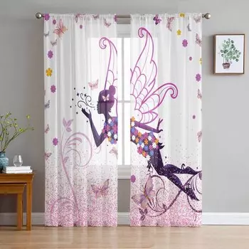 Fairy Elf Sparkling Pink Butterfly Flower Pink Voile Sheer Curtains Living Room Window Tulle Curtain Bedroom Drapes Home Decor W135 x H114cm