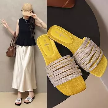 Fairy Feng Shui diamond one-word flat-bottomed half-slippers, women wear new fashion casual cool slippers in summer 2025 35 чёрный