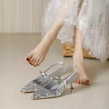 Fairy must-have Aifei Bangmei wedding ceremony shoes popular fashion sequins pointed stilettos female spring summer new 34 серебряный