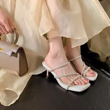Fairy rhinestone with cool slippers, female outer wear summer square head stepping on shit feeling high heels fashion sandals 35 фиолетовый